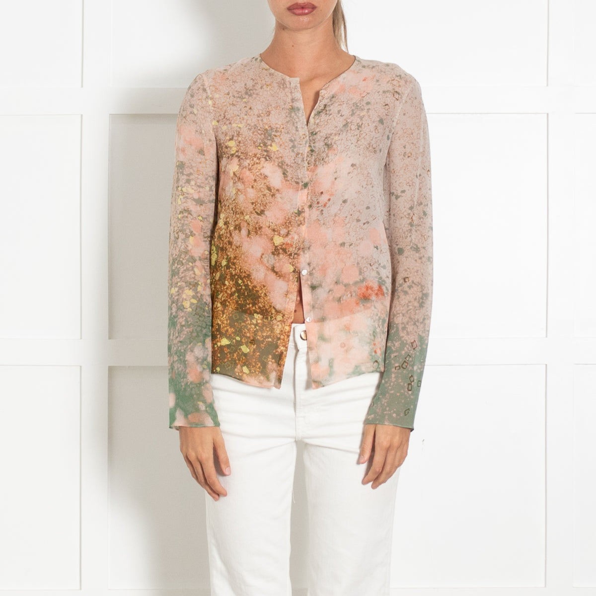 Akris Cream Peach Green Silk Sheer Top