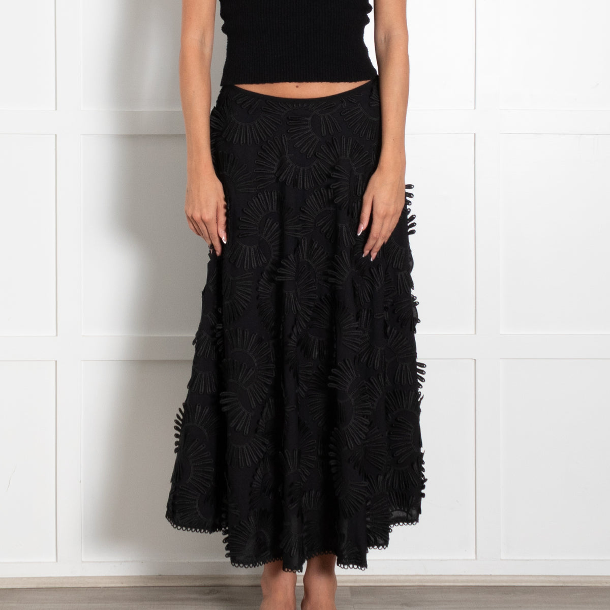 Beatrice Black A Line Midi Skirt With Flower Ribboning