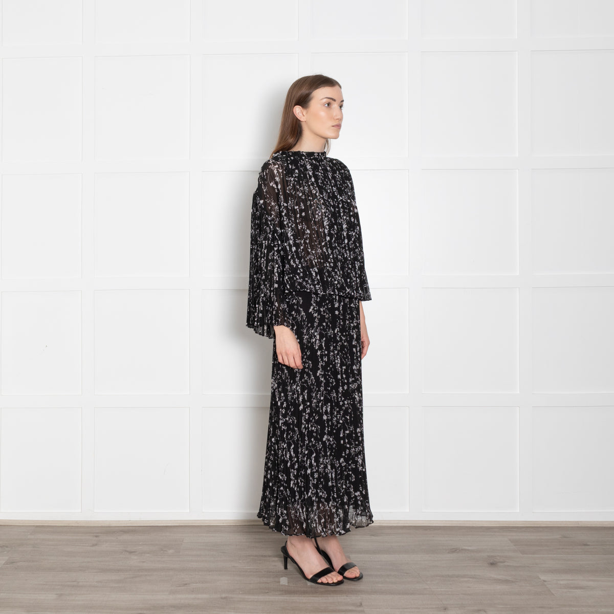 Ba & Sh Black White Floral Sheer Pleated Top