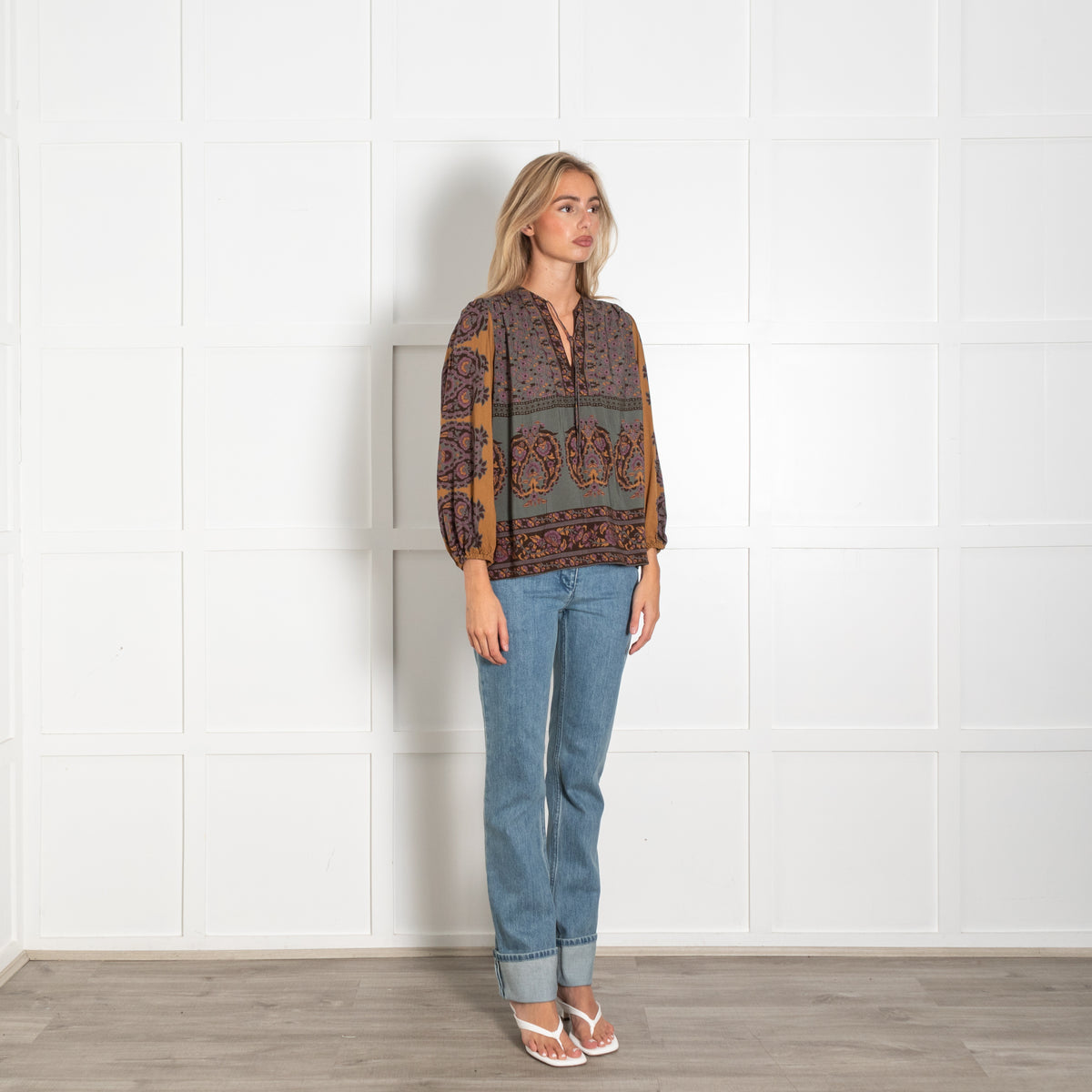 Bash Green Tan Lilac Floral Top