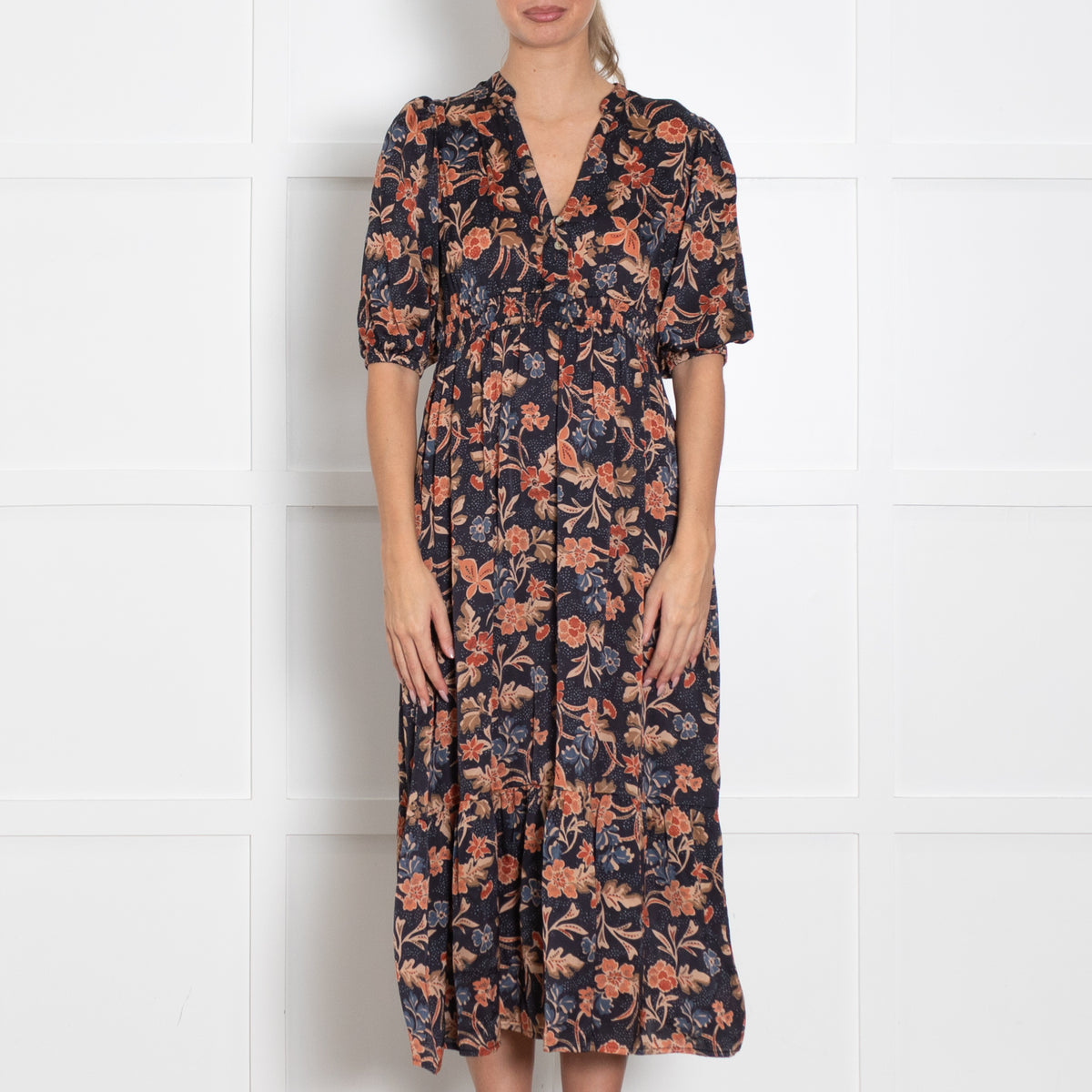 Iris Black Rust Brown Floral Short Sleeve Midi Dress