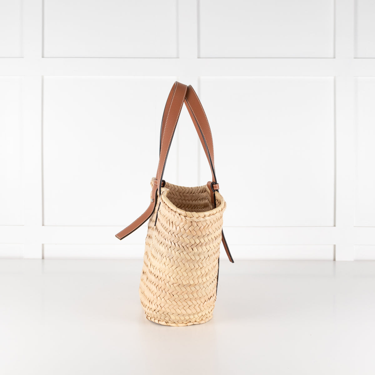 Loewe Tan Raffia Basket Bag With Navy Anagram Logo