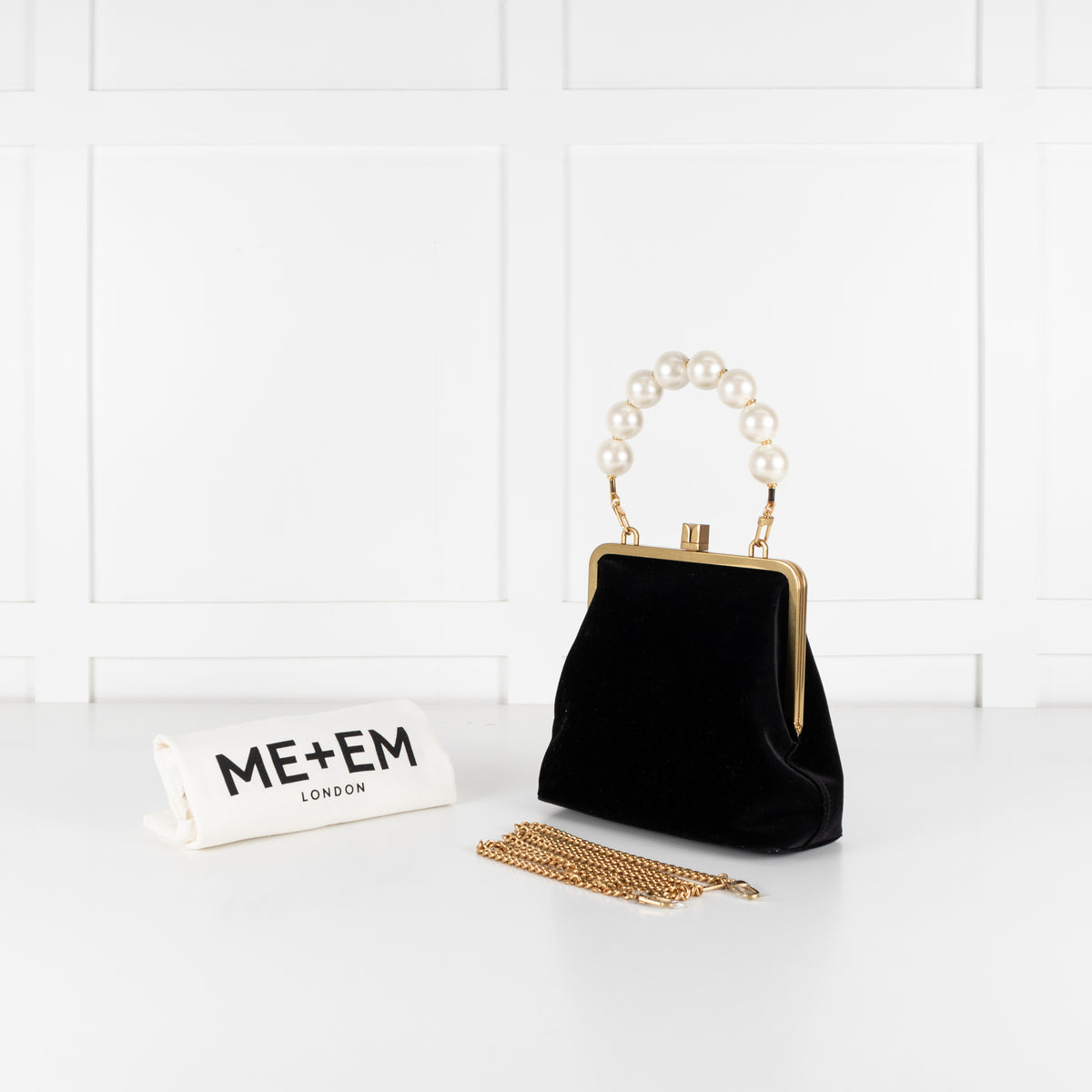 Me + Em Black Velvet Faux Pearl Top Handle Bag With Gold Clasp Closure