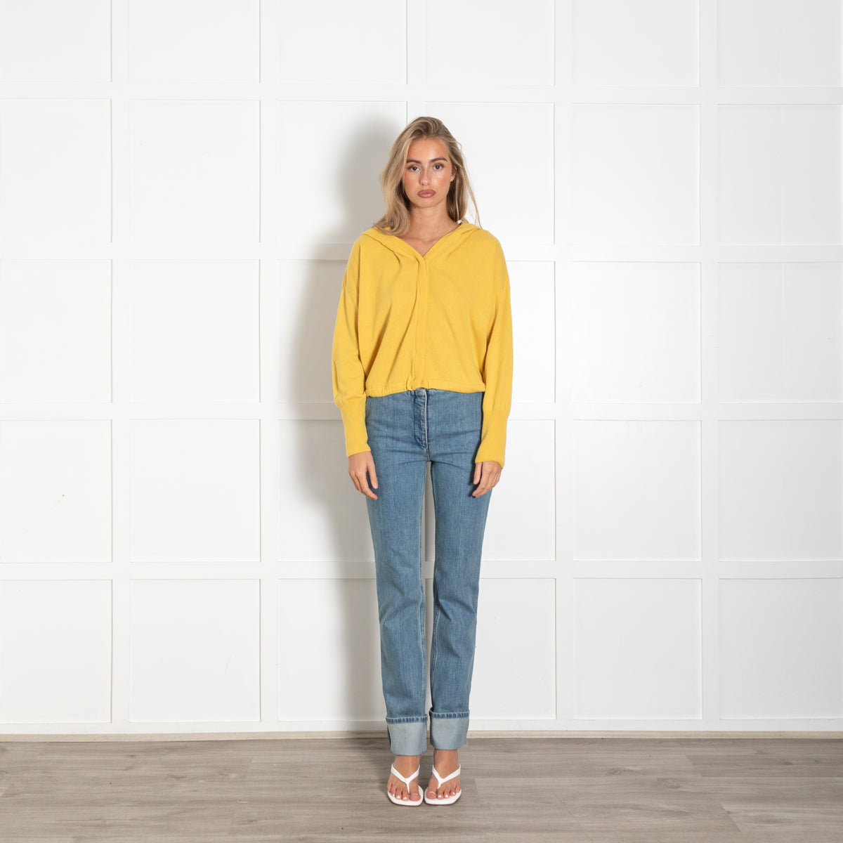 Me + Em Yellow Front Button Up Cashmere Hoodie