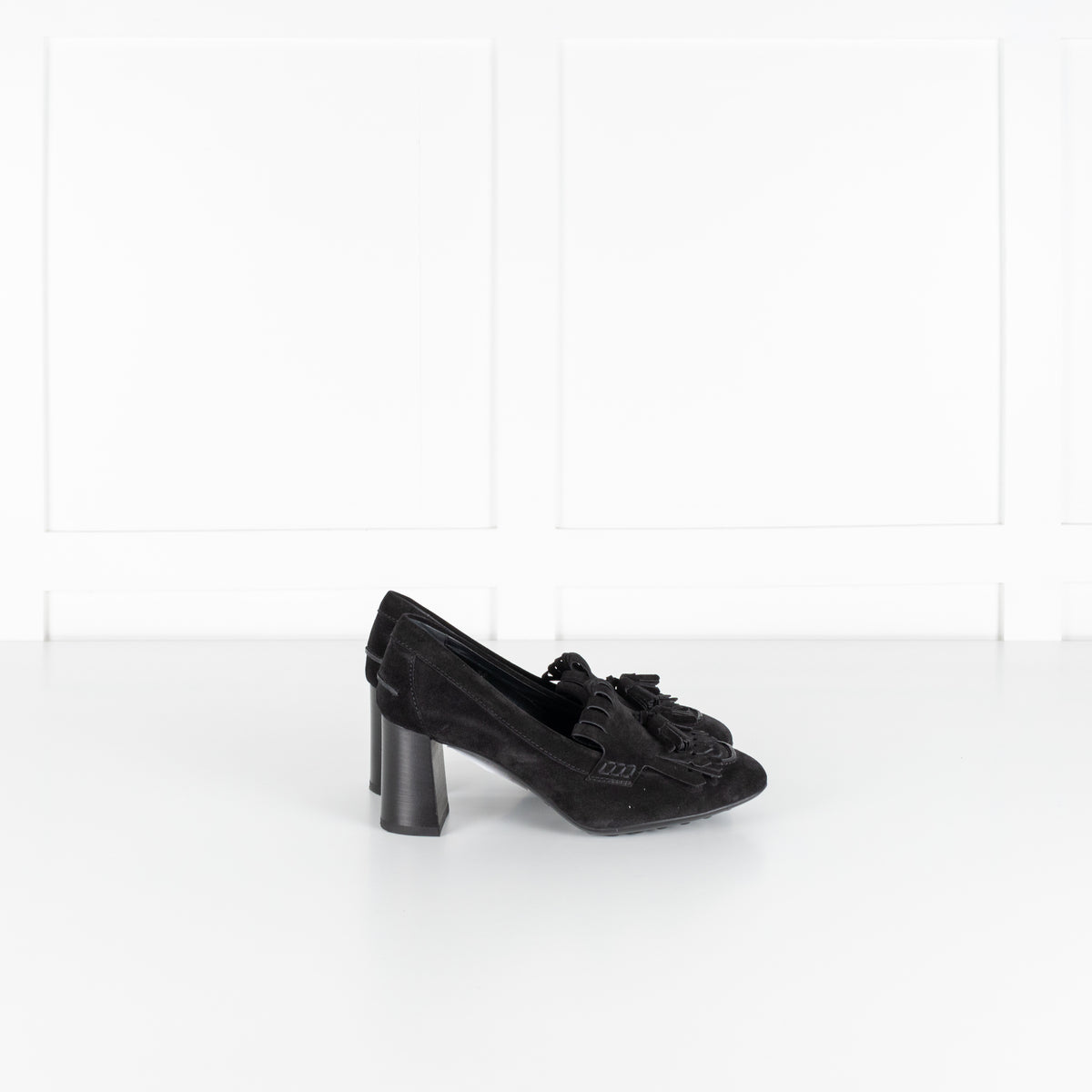 Tod's Black Suede Gomma Heeled Tasselled Loafer
