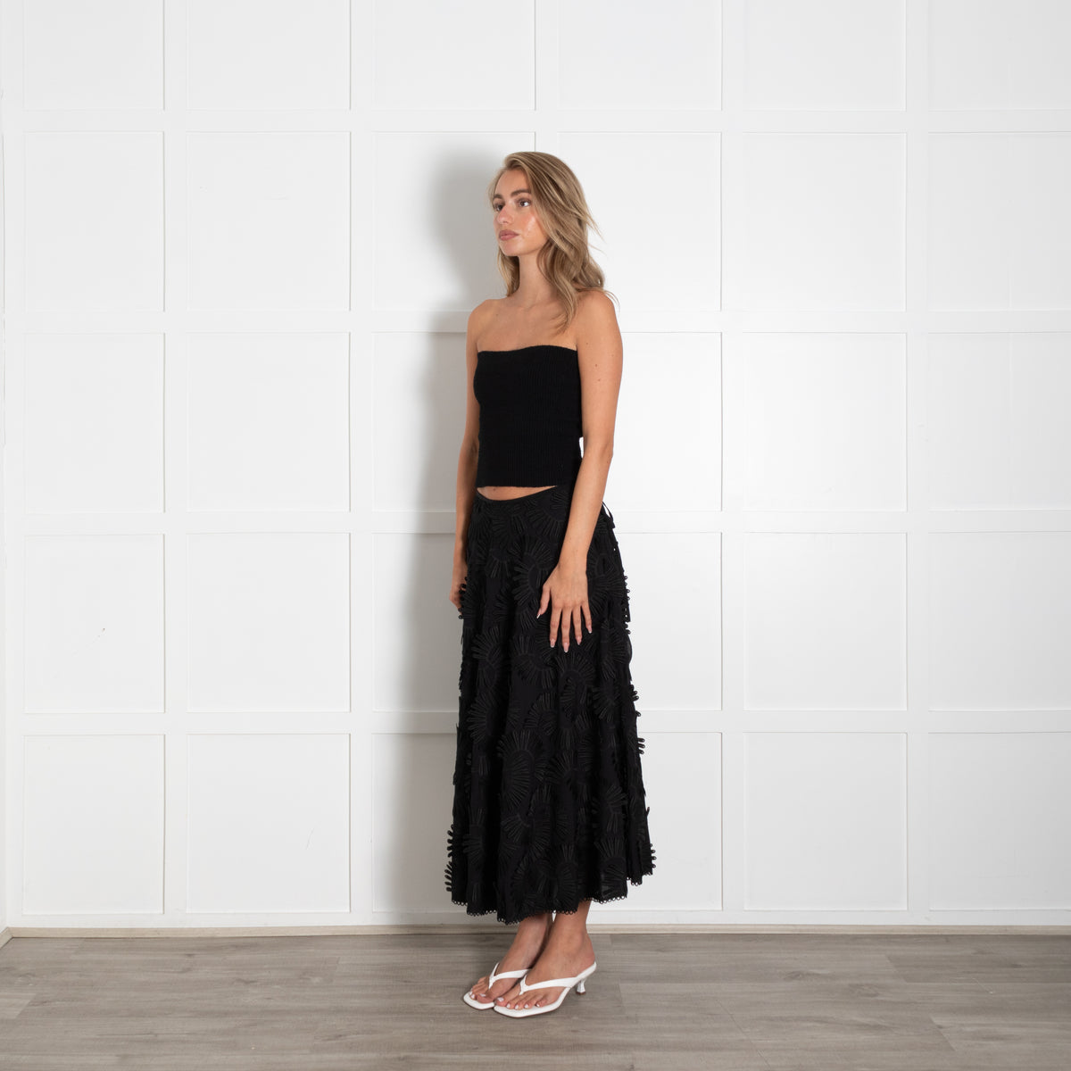 Beatrice Black A Line Midi Skirt With Flower Ribboning