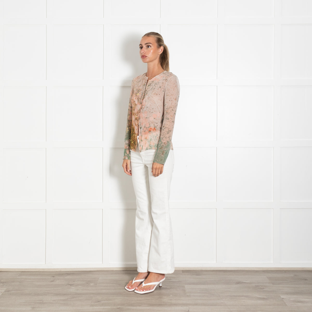 Akris Cream Peach Green Silk Sheer Top