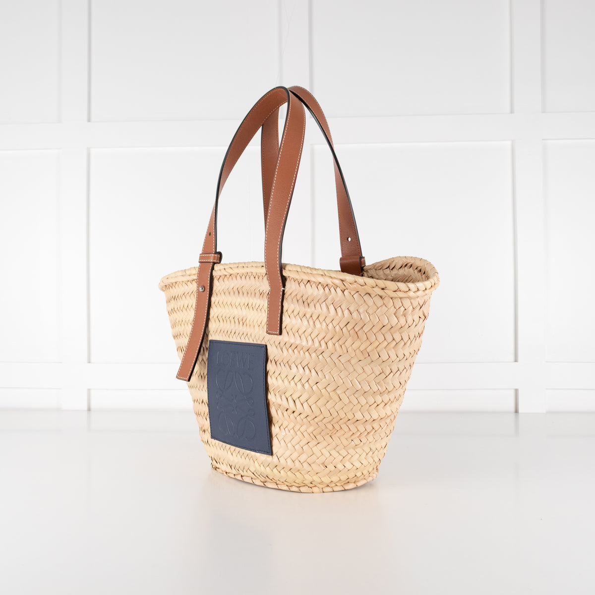 Loewe Tan Raffia Basket Bag With Navy Anagram Logo
