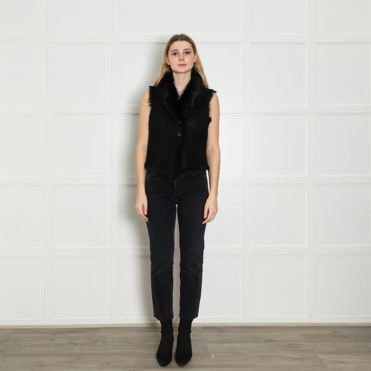 Joseph Black Fur Lining Lambskin Leather Gilet
