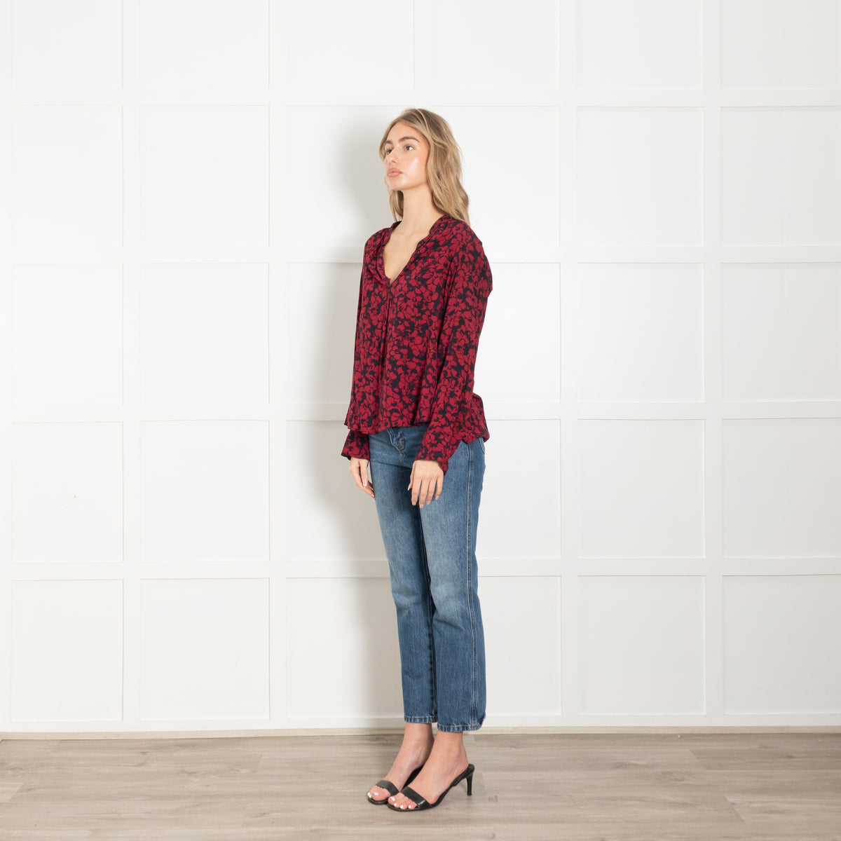 Zadig & Voltaire Red and Navy Floral Long Sleeve Blouse