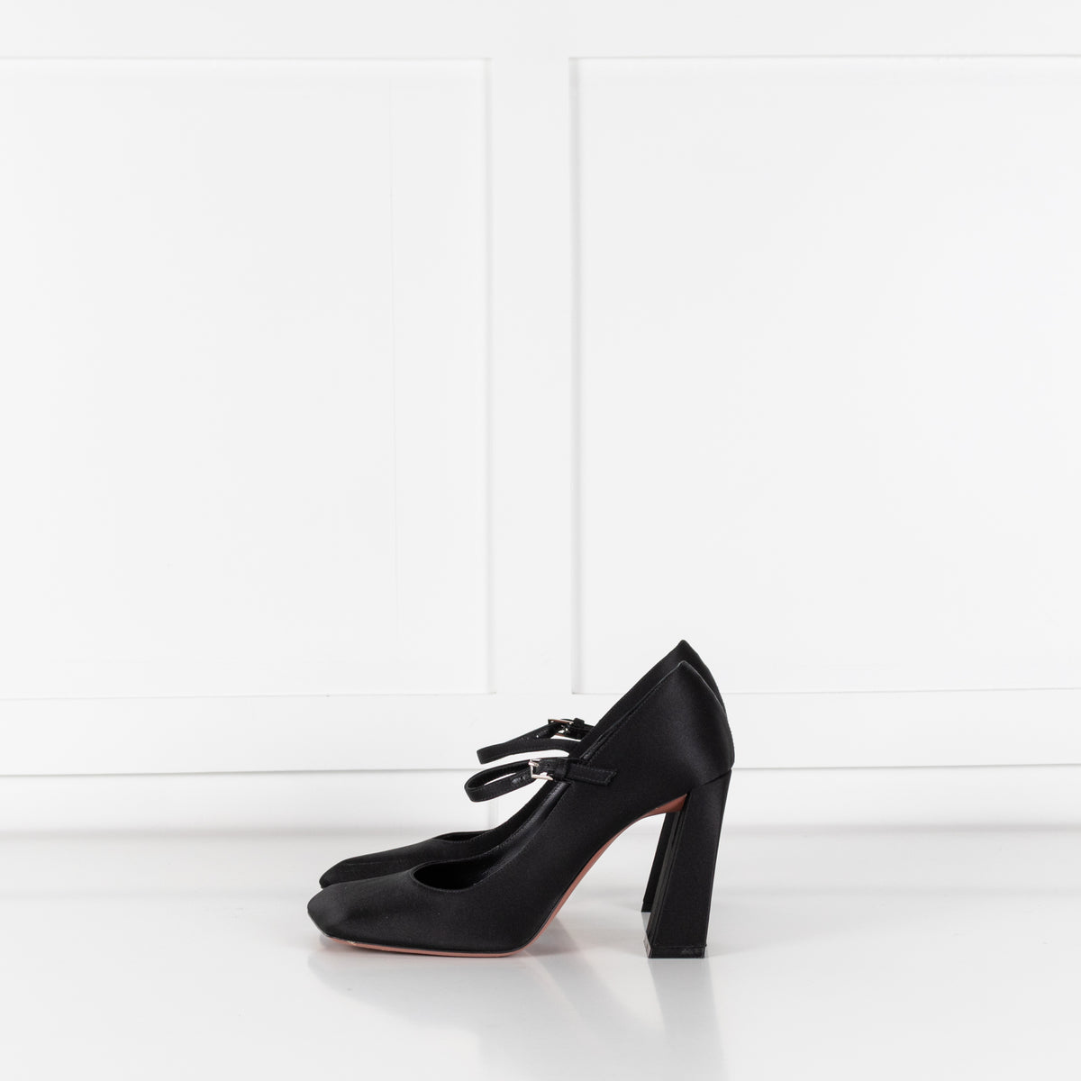Amina Muaddi Black Satin Block Heel Shoes