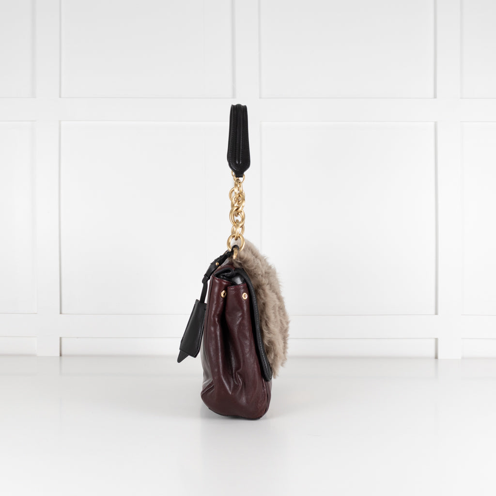 Diane Von Furstenberg Burgundy Fur Flap Harper Charlotte Shoulder Bag