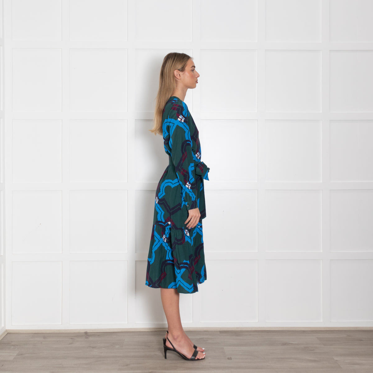 Iris & ink Green Blue Pattern Front Open Belted Midi Dress