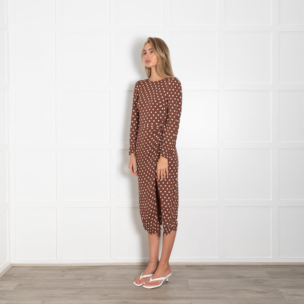 Reformation Brown White Polka Dot Long Sleeve Wrap Detail Dress