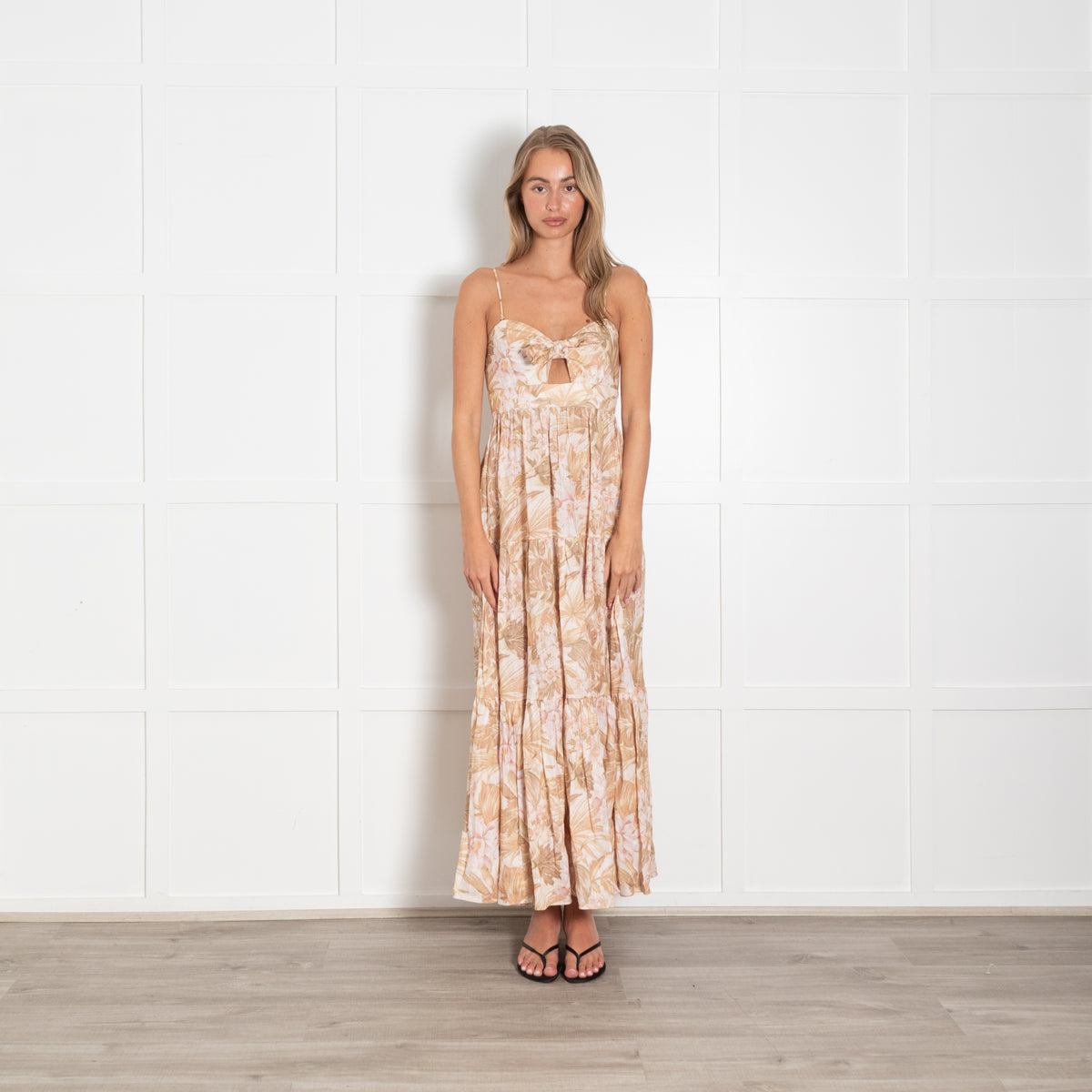 Zimmermann Cream Peach Brown Floral Strappy Linen Maxi Dress