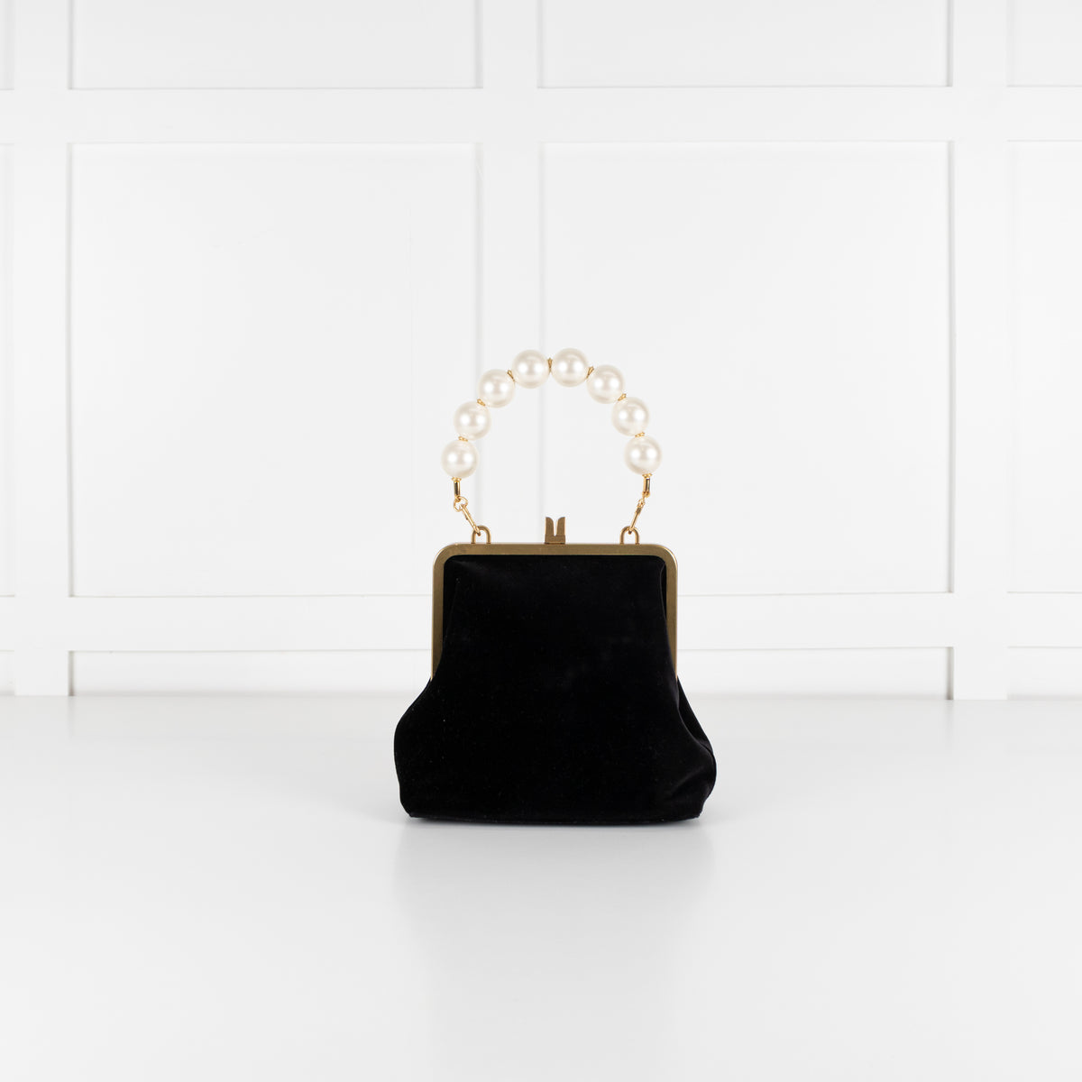 Me + Em Black Velvet Faux Pearl Top Handle Bag With Gold Clasp Closure