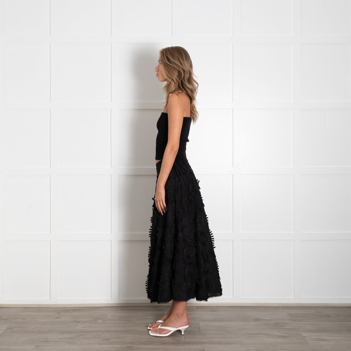 Beatrice Black A Line Midi Skirt With Flower Ribboning