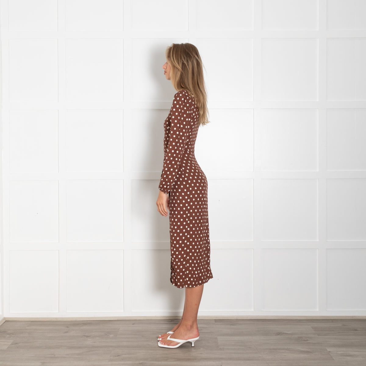 Reformation Brown White Polka Dot Long Sleeve Wrap Detail Dress