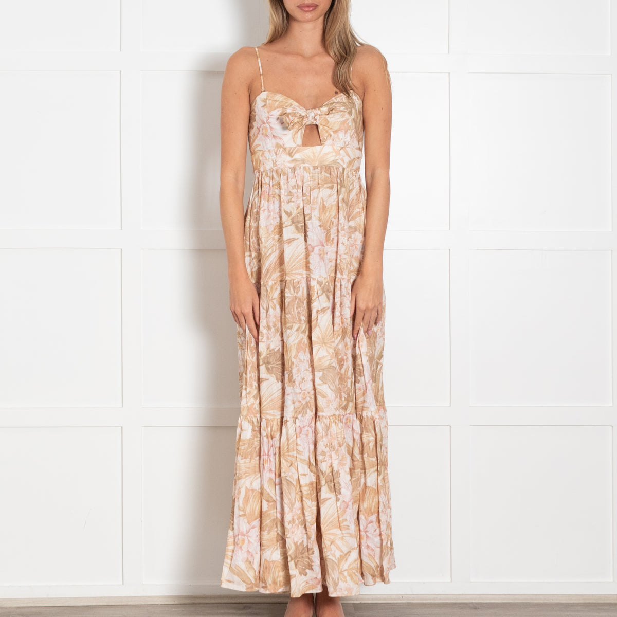 Zimmermann Cream Peach Brown Floral Strappy Linen Maxi Dress