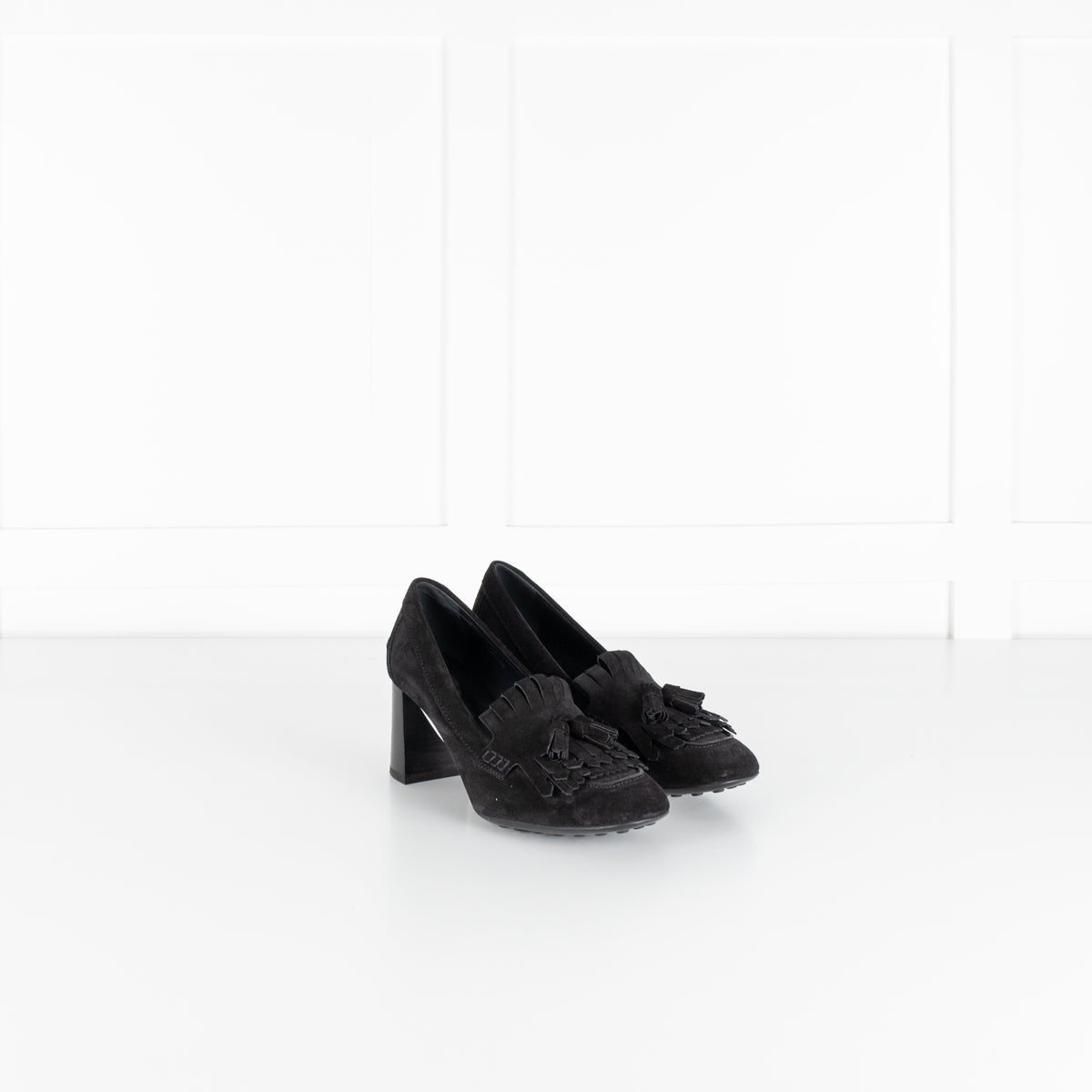 Tod's Black Suede Gomma Heeled Tasselled Loafer