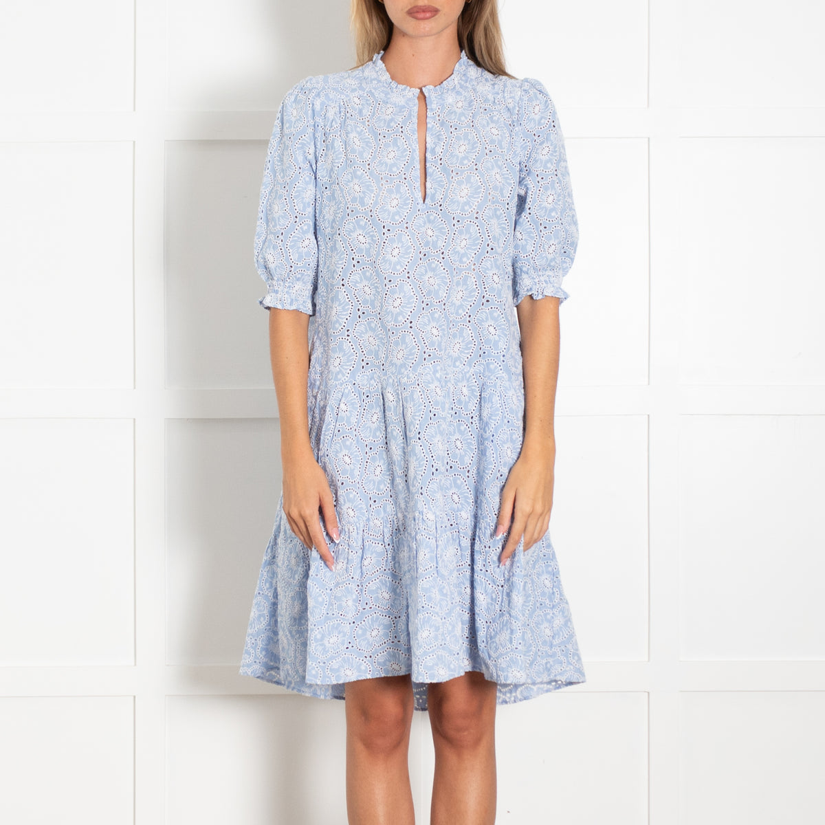 Me + Em Blue And White Broderie Anglaise Short  Swing Dress With Slip