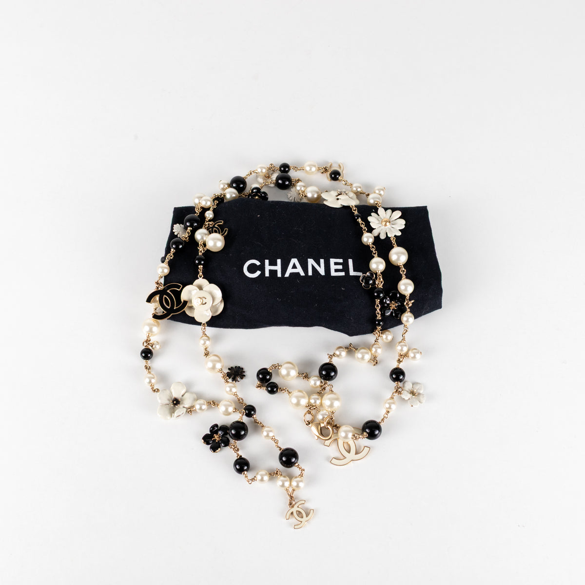 Chanel Black Cream Faux Pearl Camelia Necklace