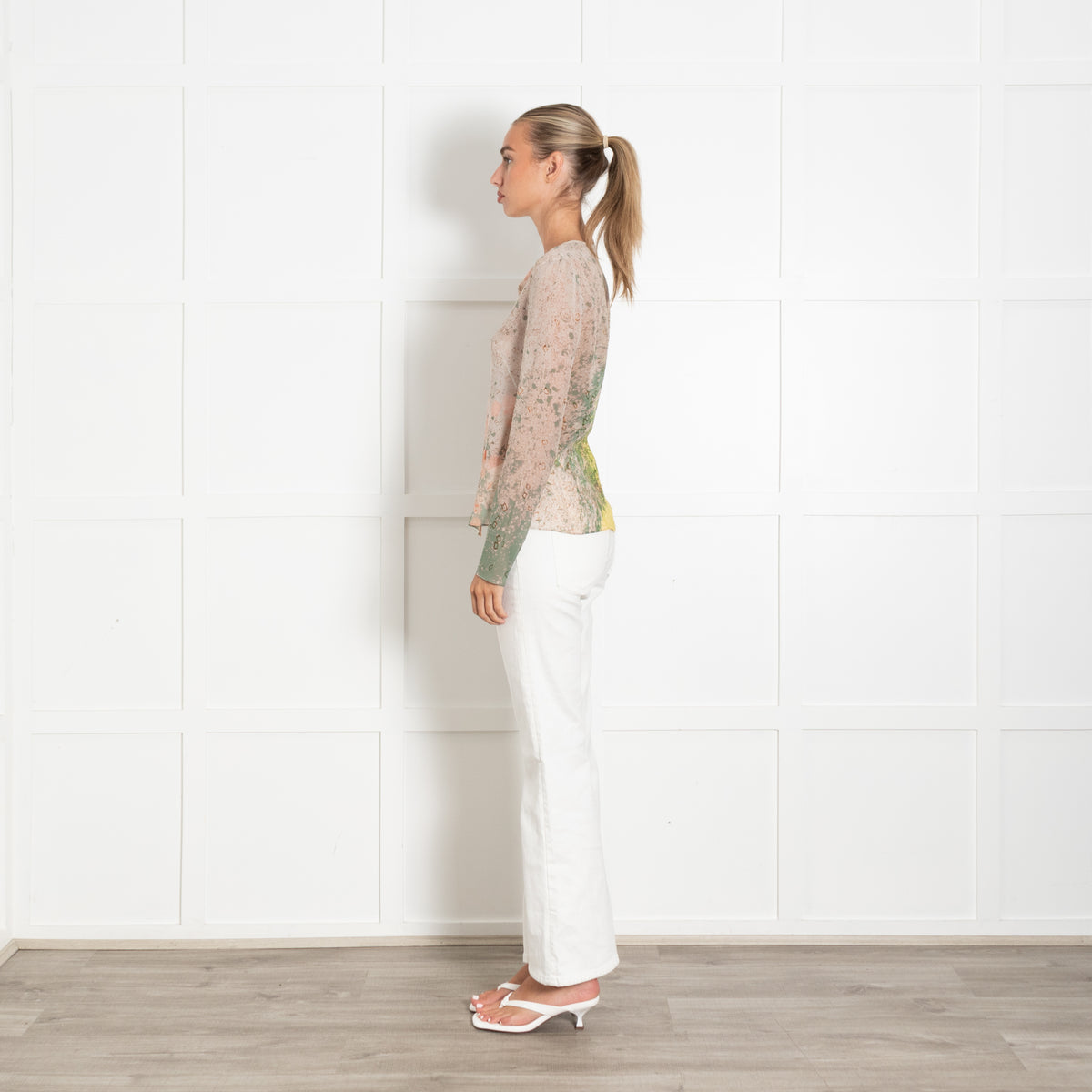 Akris Cream Peach Green Silk Sheer Top