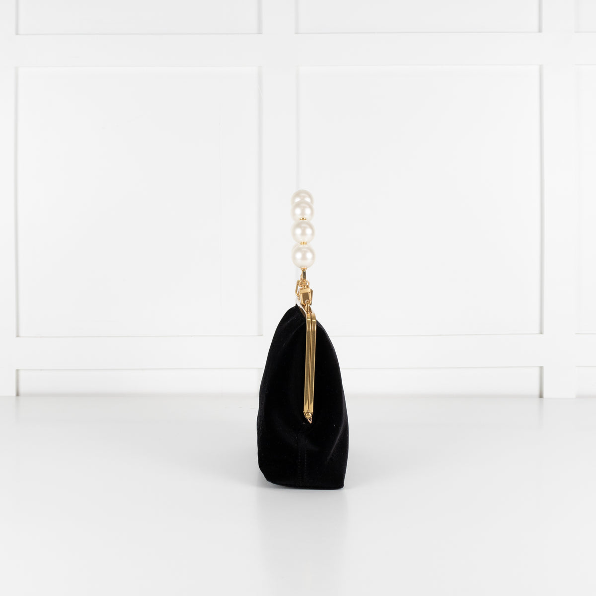 Me + Em Black Velvet Faux Pearl Top Handle Bag With Gold Clasp Closure
