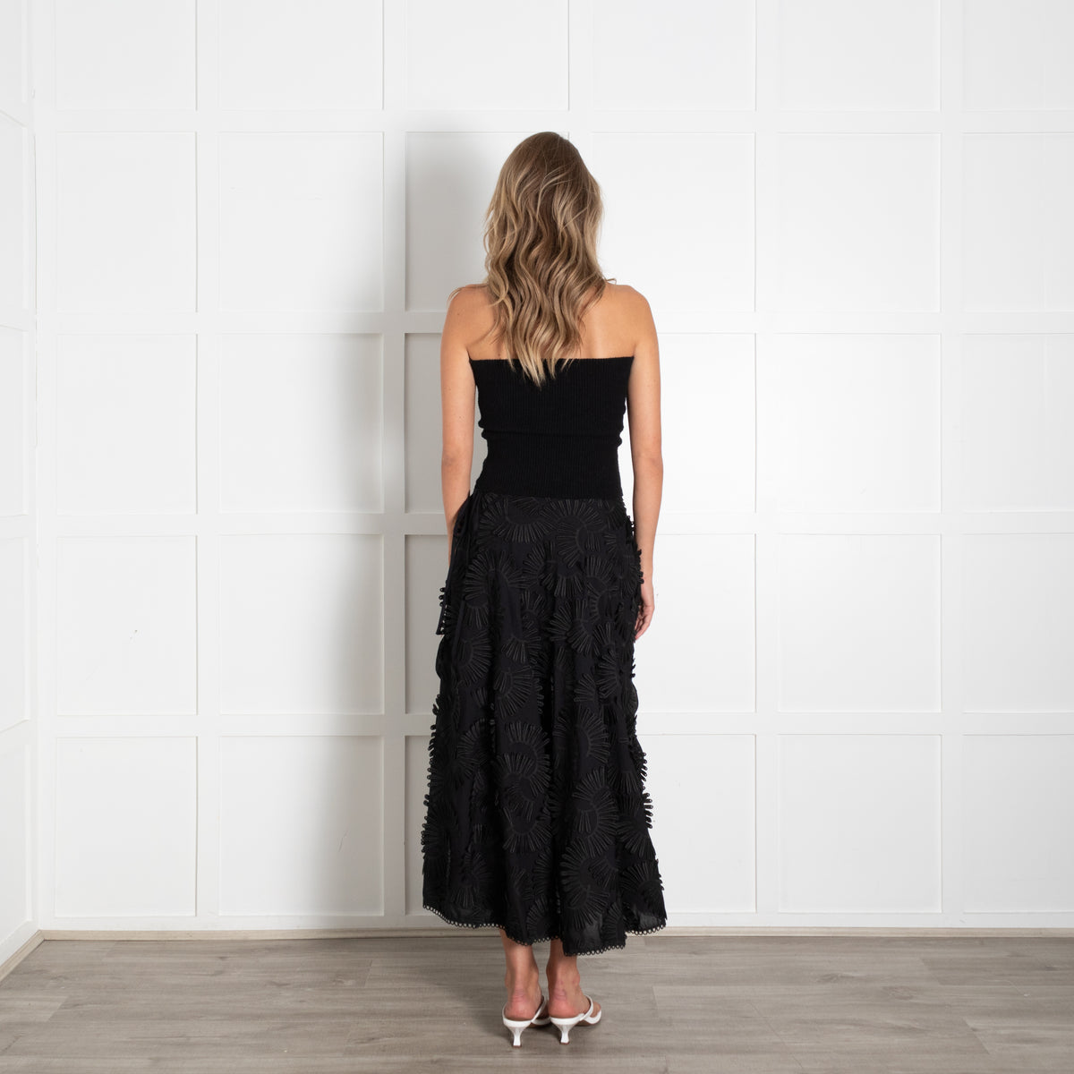 Beatrice Black A Line Midi Skirt With Flower Ribboning