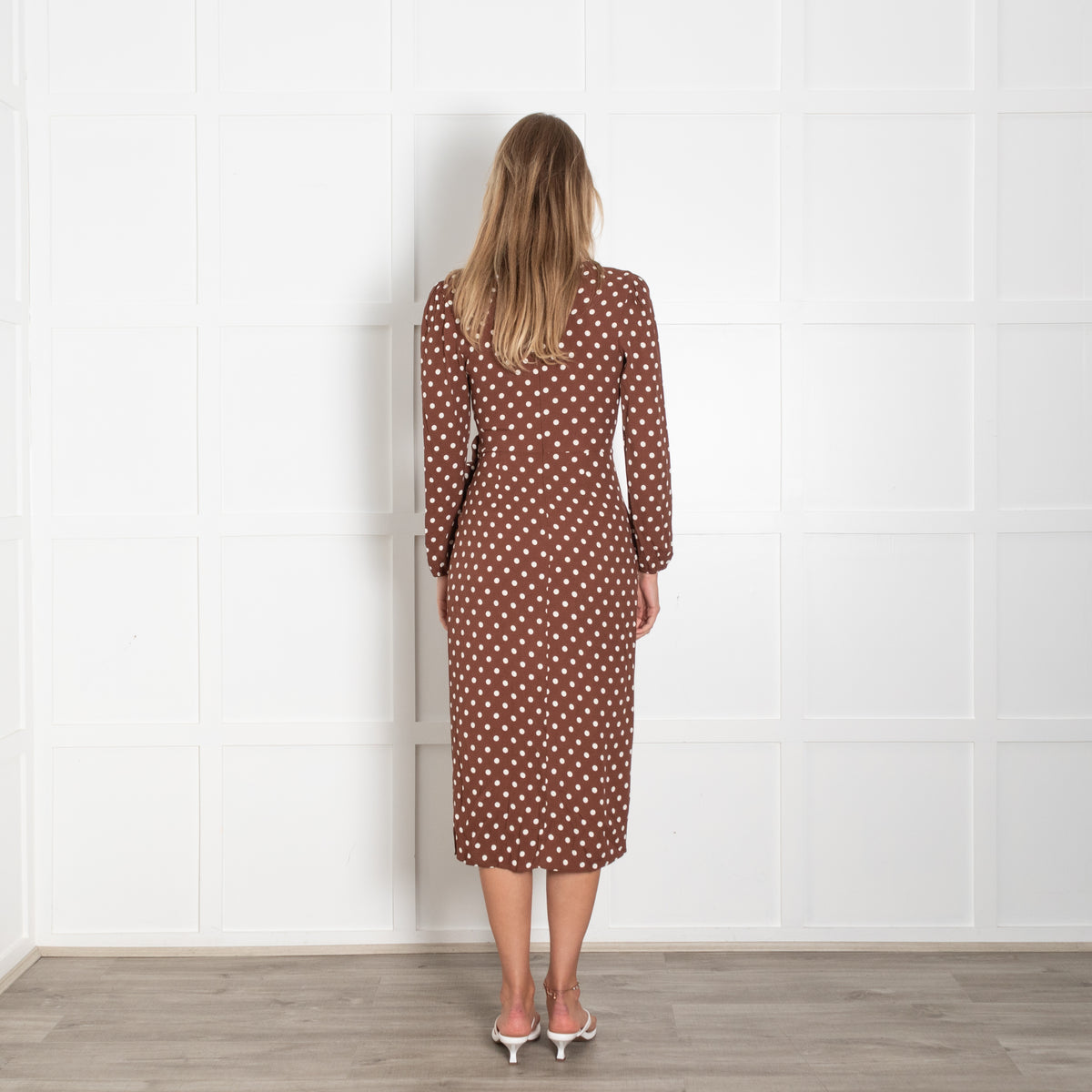 Reformation Brown White Polka Dot Long Sleeve Wrap Detail Dress