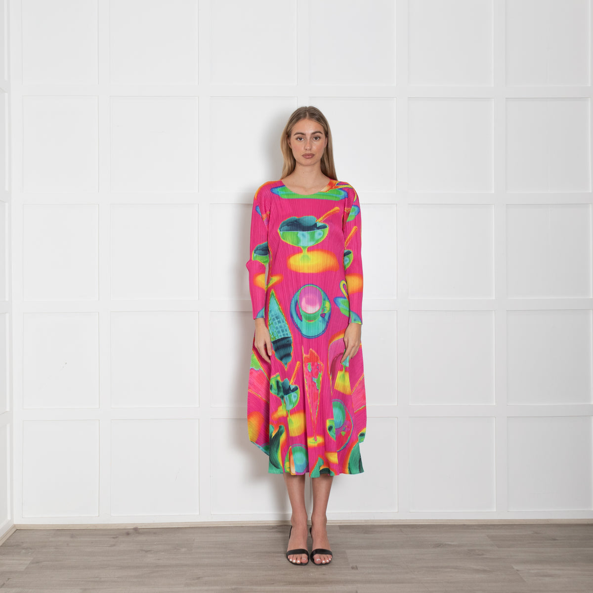 Pleats Please Pink Multi Colour Thermal Foods Print Dress