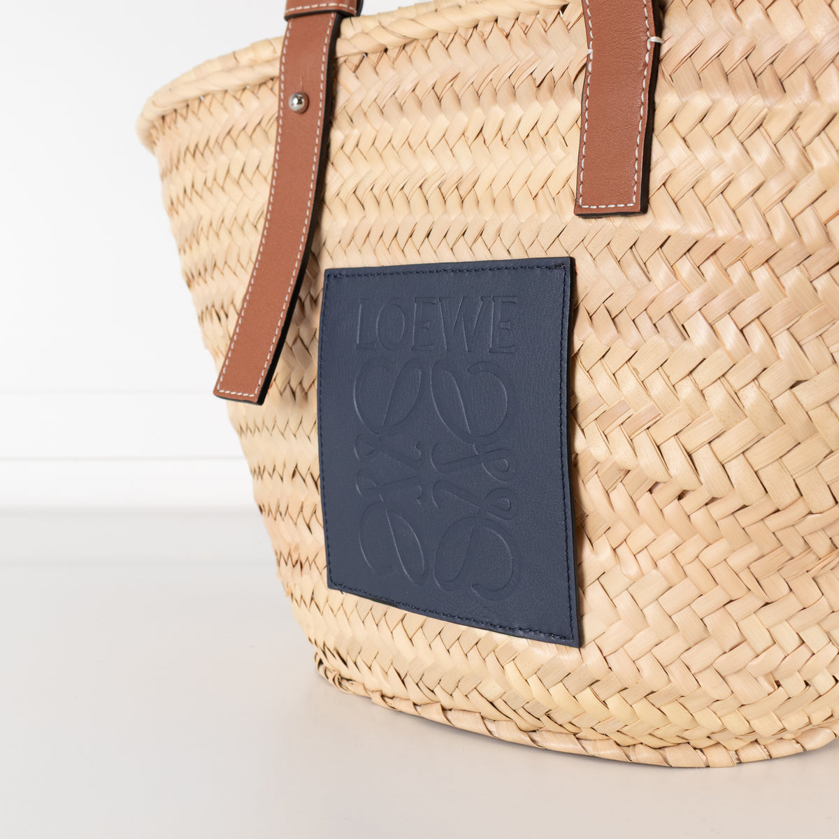 Loewe Tan Raffia Basket Bag With Navy Anagram Logo
