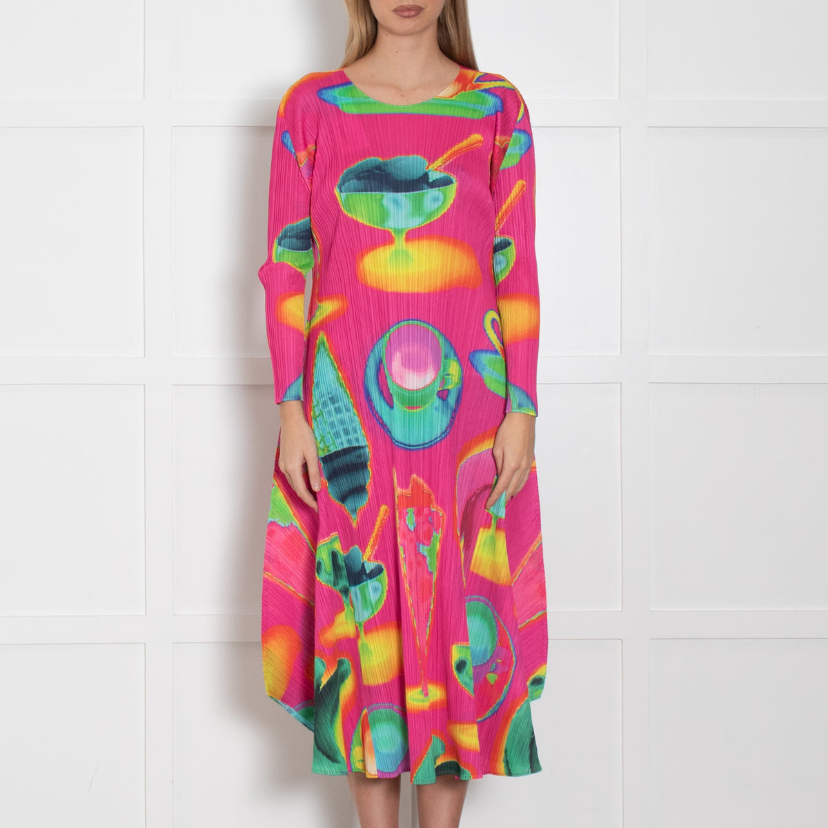 Pleats Please Pink Multi Colour Thermal Foods Print Dress