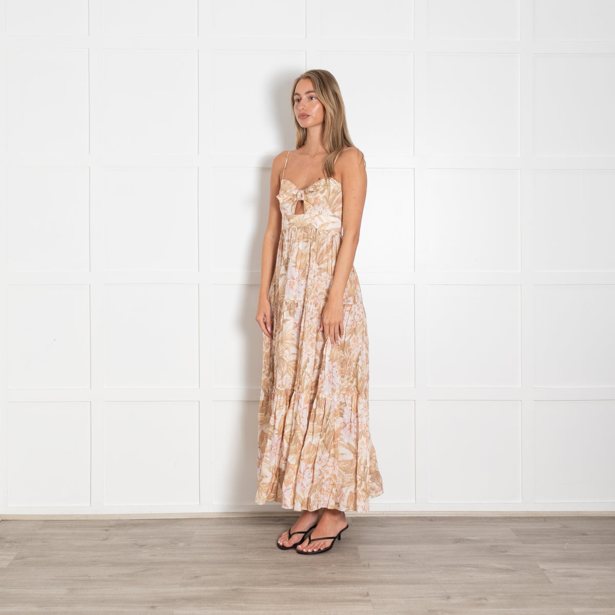 Zimmermann Cream Peach Brown Floral Strappy Linen Maxi Dress