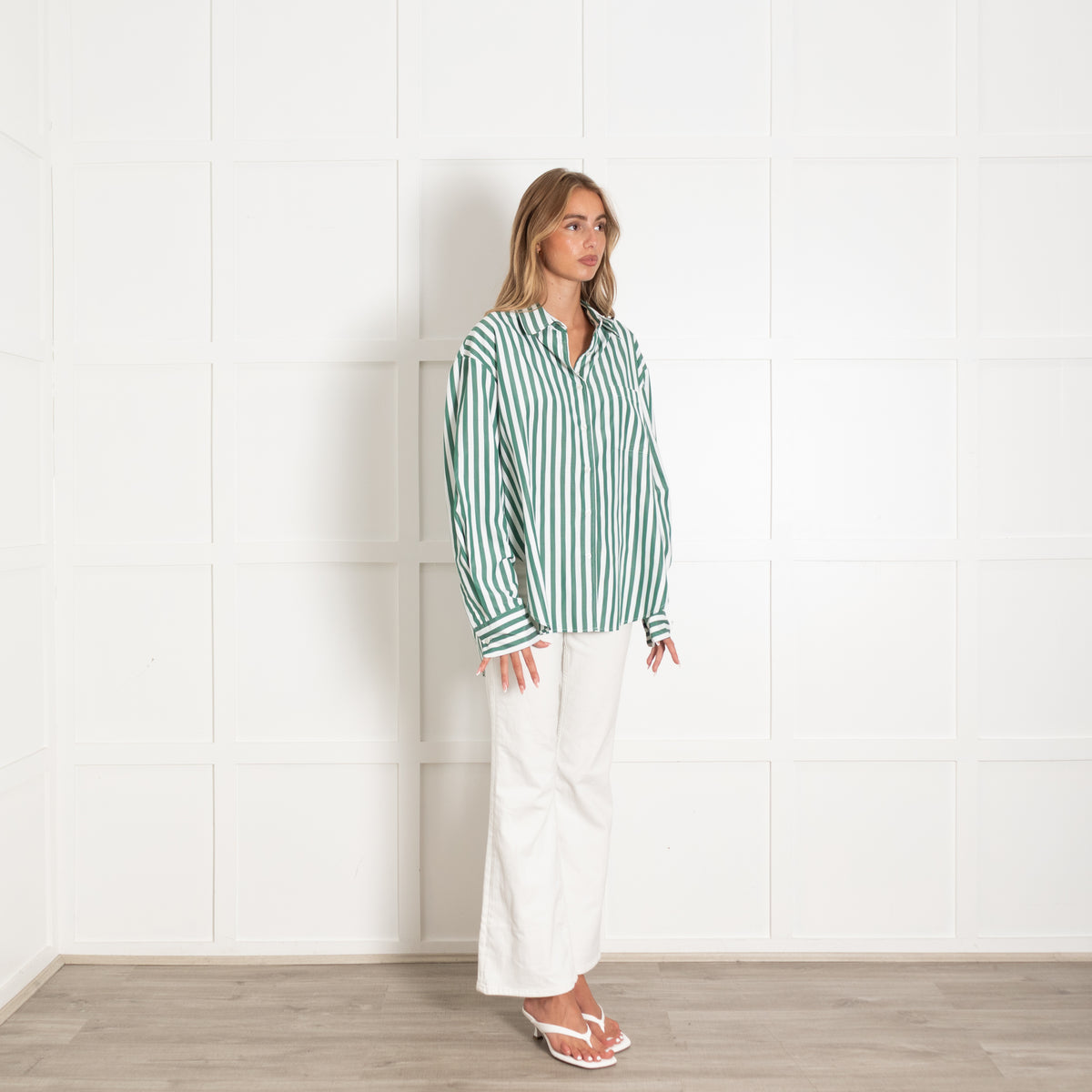 The Frankie Shop Green And White Stripe Oversized Shirt