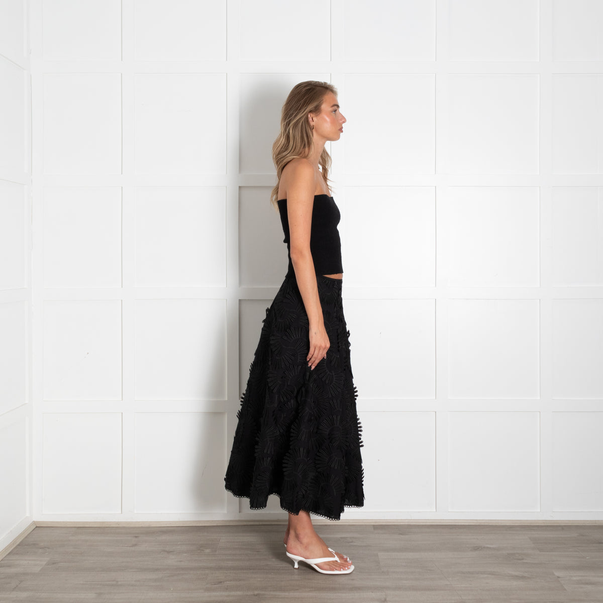 Beatrice Black A Line Midi Skirt With Flower Ribboning