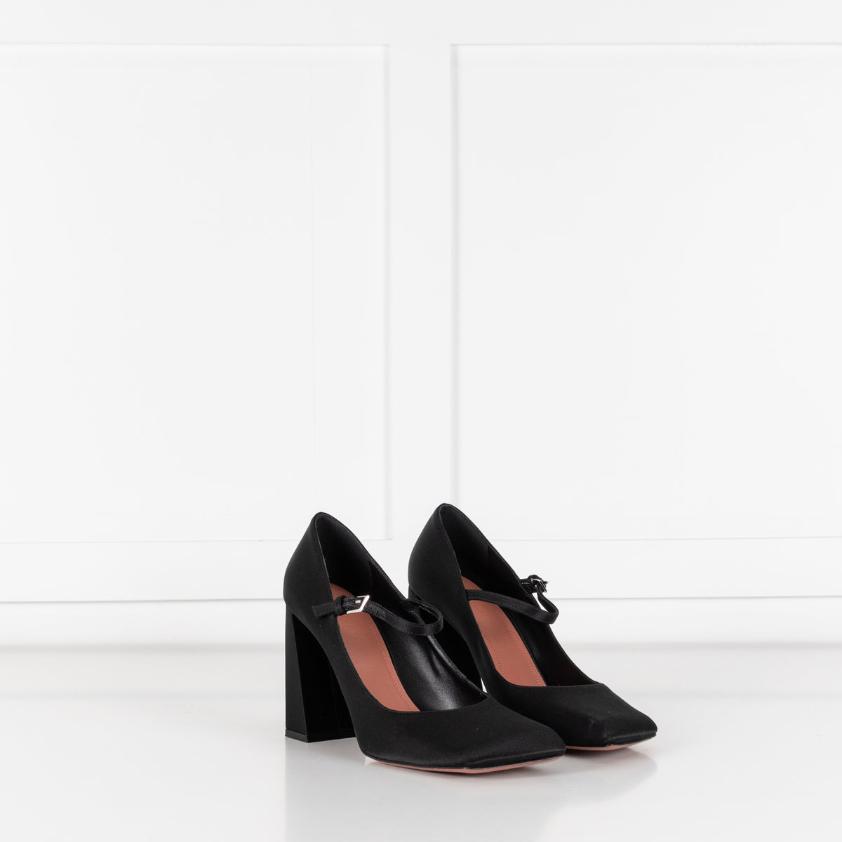 Amina Muaddi Black Satin Block Heel Shoes