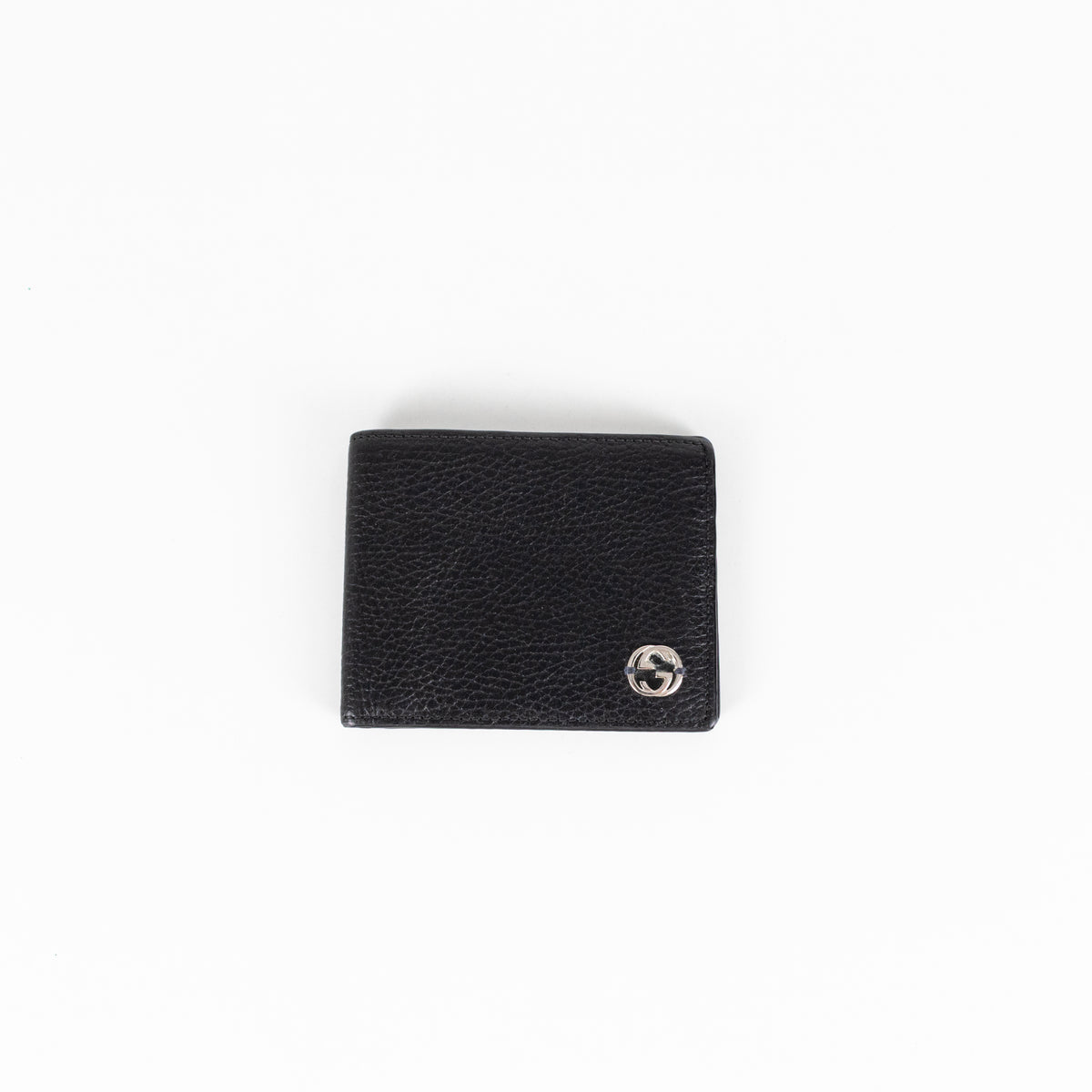 Gucci Black Textured Leather Interlocking GG Bifold Wallet With Blue Interior
