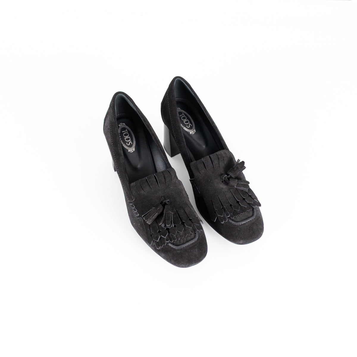 Tod's Black Suede Gomma Heeled Tasselled Loafer