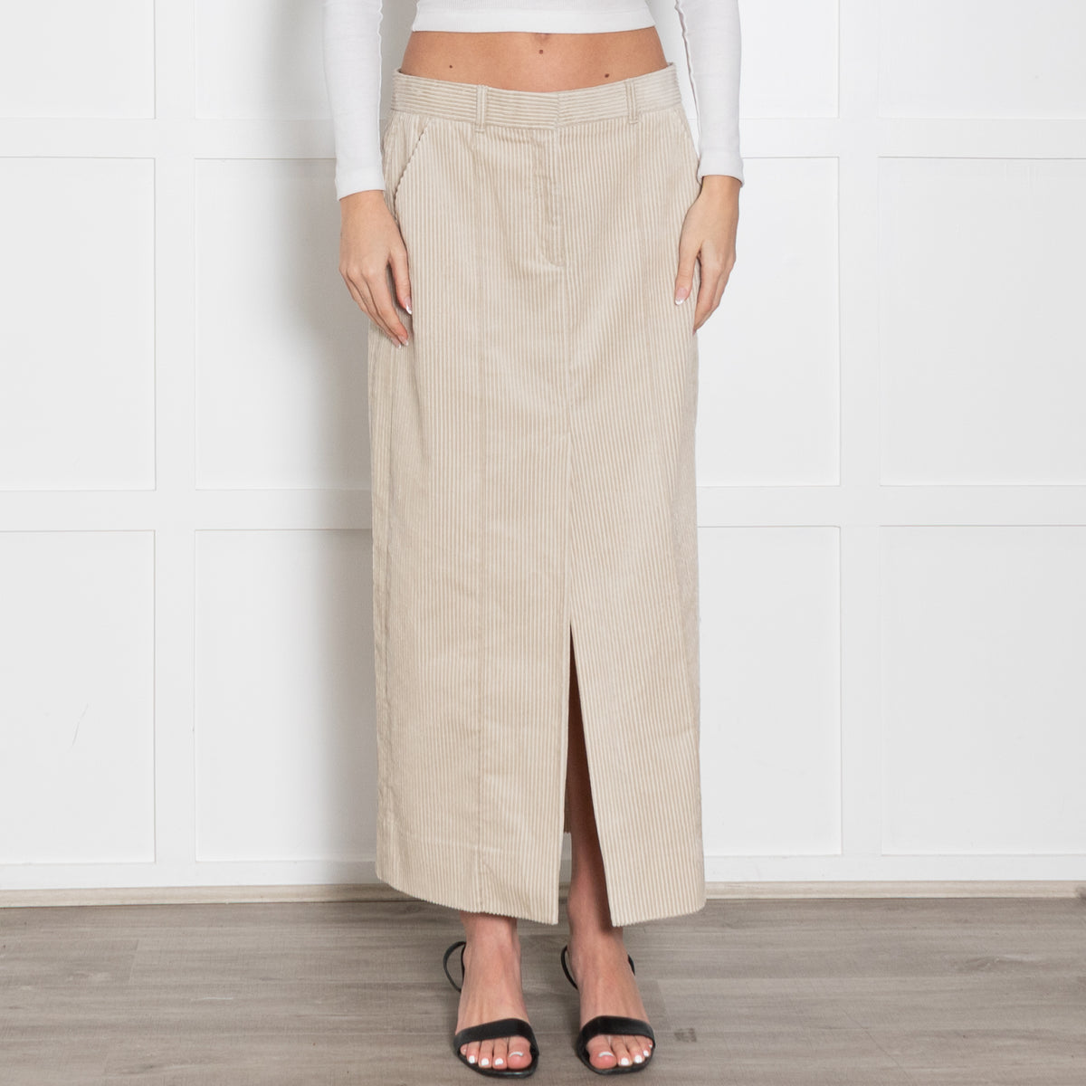 Me + Em Cream Corduroy Front Slit Long Skirt
