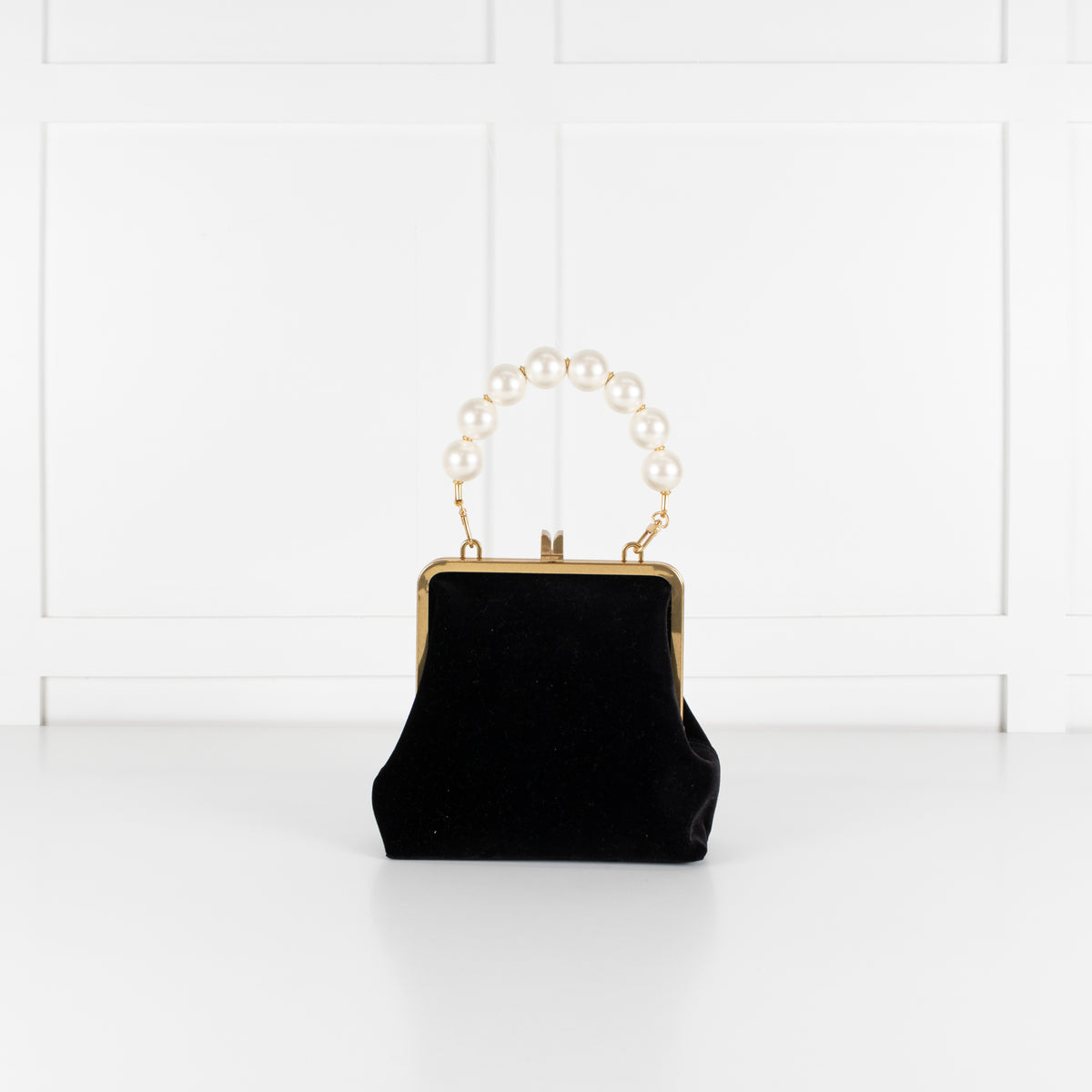Me + Em Black Velvet Faux Pearl Top Handle Bag With Gold Clasp Closure
