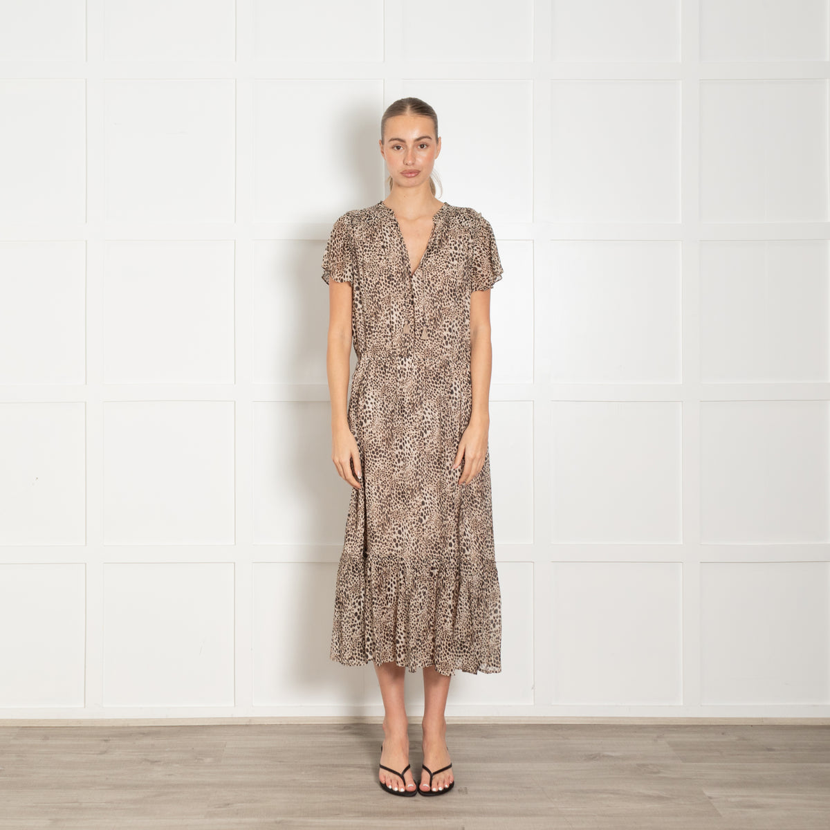 Paige Brown Animal Print Tiered Hem Short Sleeve Dress