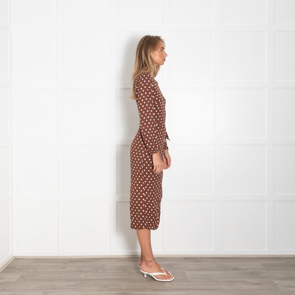 Reformation Brown White Polka Dot Long Sleeve Wrap Detail Dress
