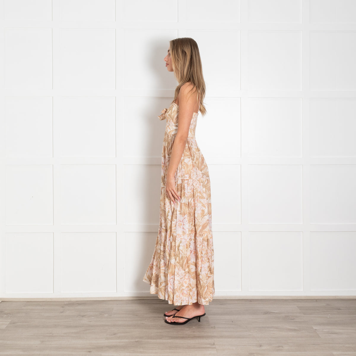 Zimmermann Cream Peach Brown Floral Strappy Linen Maxi Dress