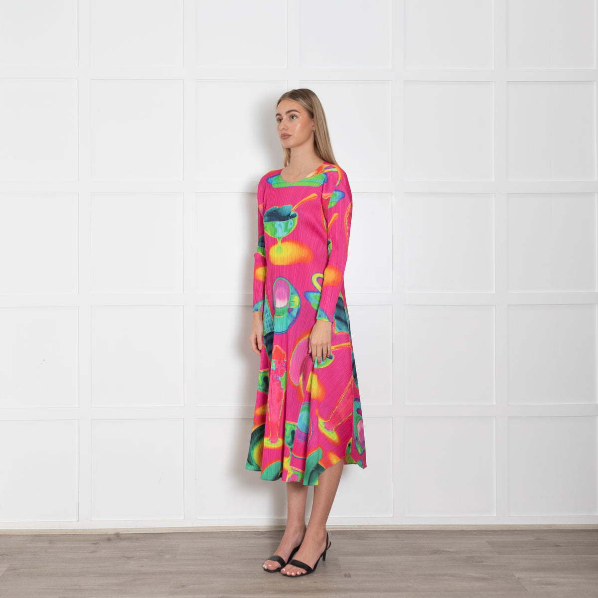 Pleats Please Pink Multi Colour Thermal Foods Print Dress