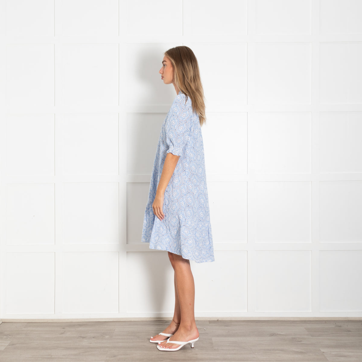 Me + Em Blue And White Broderie Anglaise Short  Swing Dress With Slip