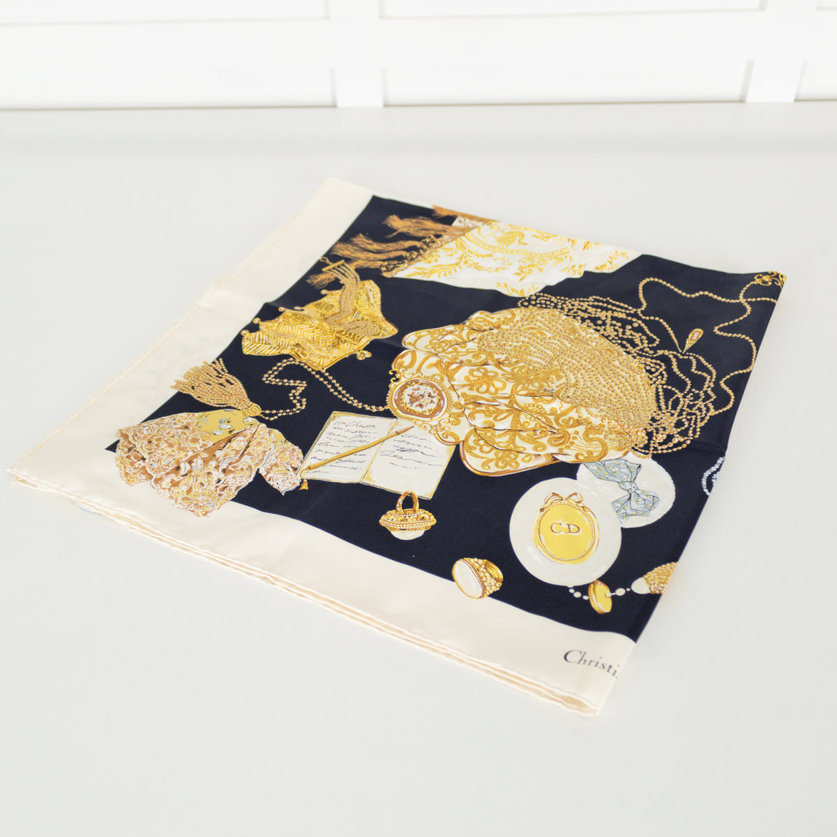 Christian Dior Black, Cream And Gold Silk Scarf