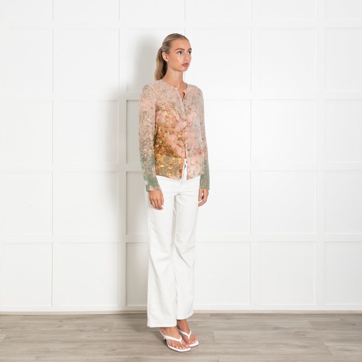 Akris Cream Peach Green Silk Sheer Top