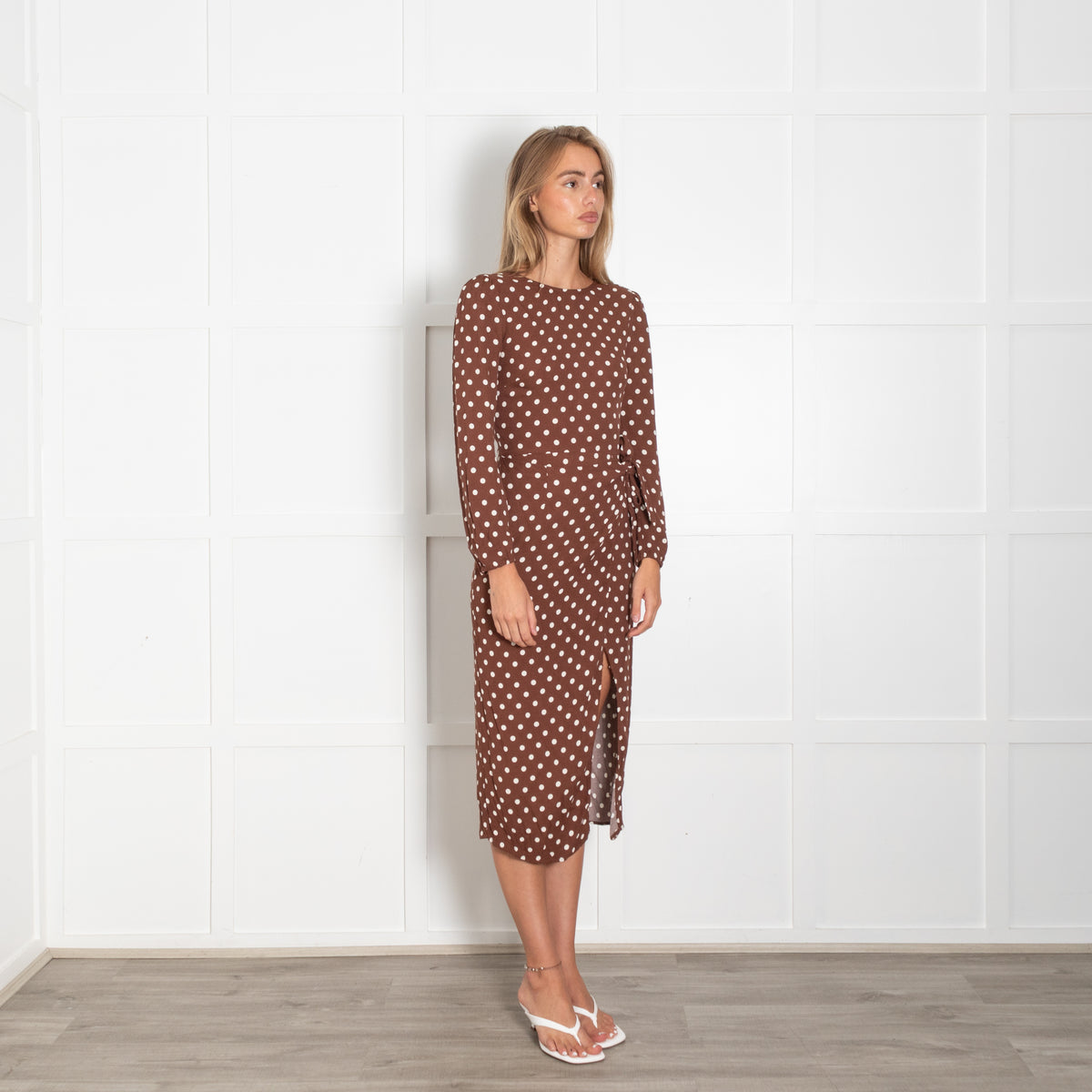 Reformation Brown White Polka Dot Long Sleeve Wrap Detail Dress