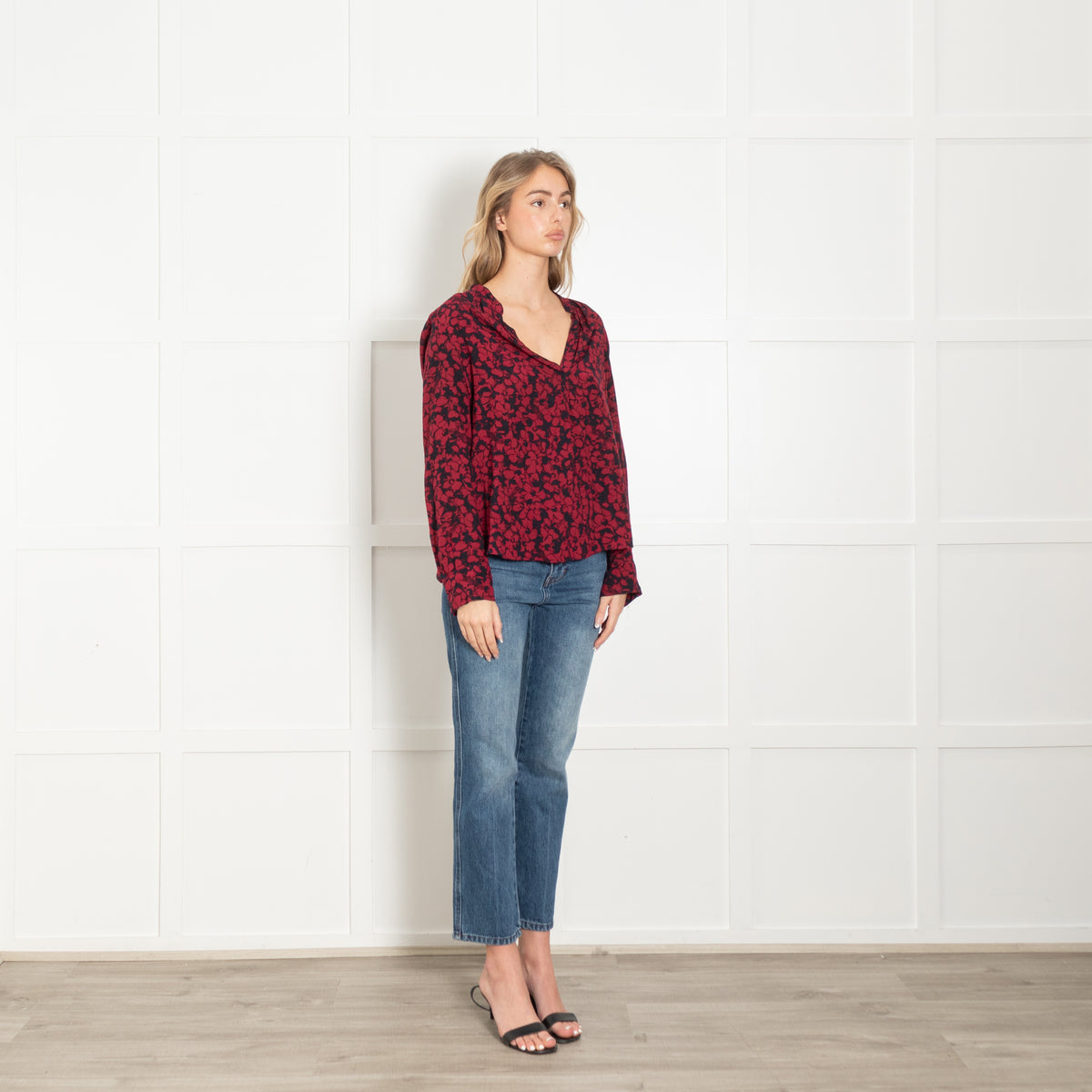 Zadig & Voltaire Red and Navy Floral Long Sleeve Blouse